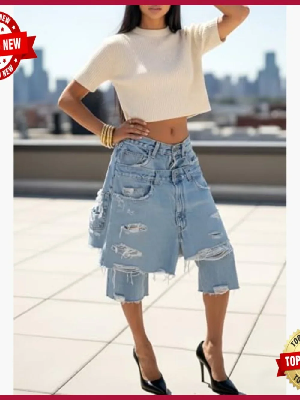 High Waisted Baggy Wide Leg Ripped Patchwork Bermuda Denim Shorts Cargo Y2k